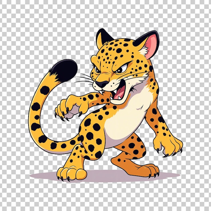 PSD angry cartoon leopard striking a pose on transparent background