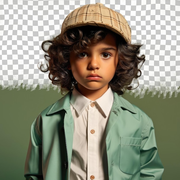 PSD a angry child boy with wavy hair from the native american ethnicity dressed in civil engineer attire poses in a gaze through a prop like a hat style against a pastel green background