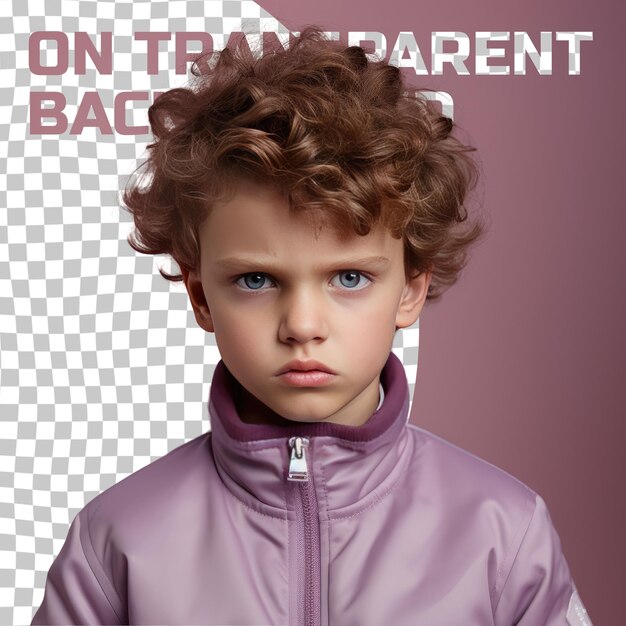 PSD a angry child boy with wavy hair from the scandinavian ethnicity dressed in personal trainer attire poses in a elegant hand on neck style against a pastel lilac background