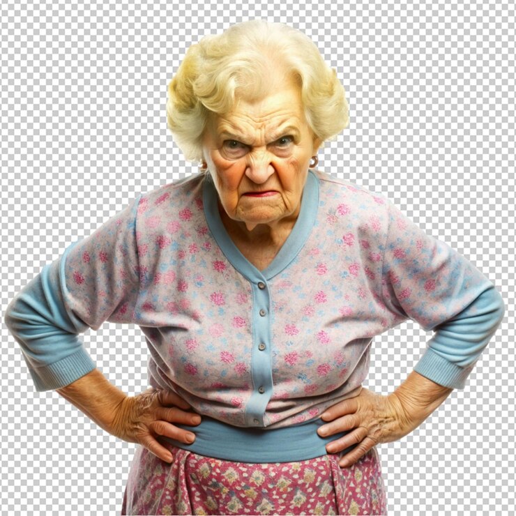 PSD angry displeased granny frowning and holding hands on transparent background