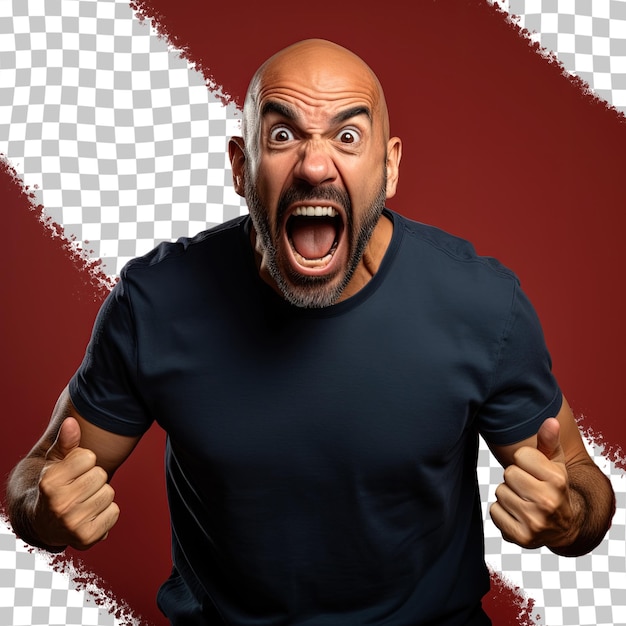 PSD angry hispanic man with raised arms shouting aggressively