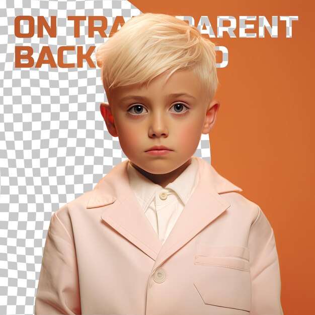 Angry nordic boy in anesthesia attire soft gaze tilted head pastel tangerine background
