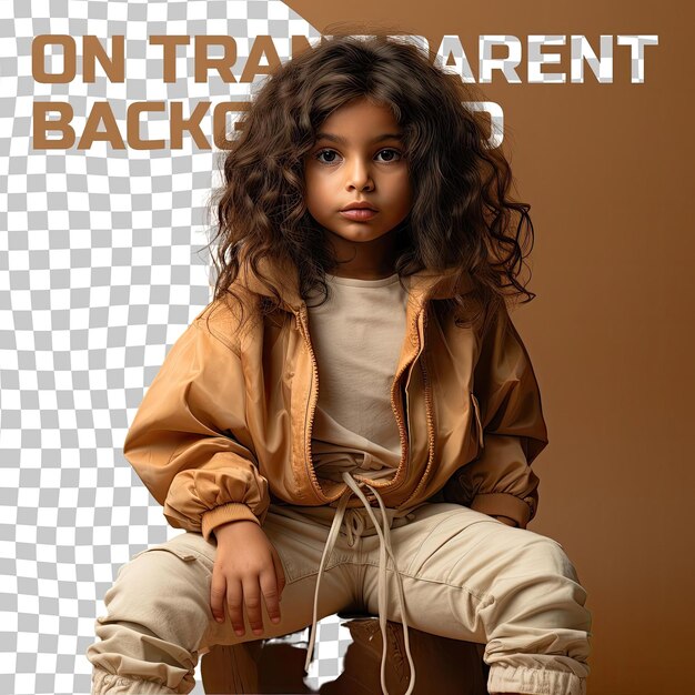 PSD a angry preschooler girl with wavy hair from the southeast asian ethnicity dressed in conservationist attire poses in a sitting with one leg bent style against a pastel cream background