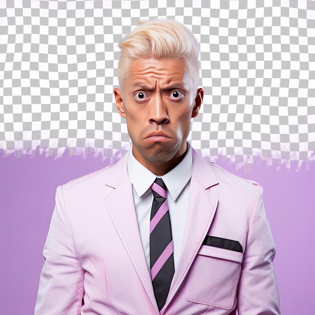 A angry senior man with blonde hair from the asian ethnicity dressed in flight attendant attire poses in a back to camera with turned head style against a pastel lavender background