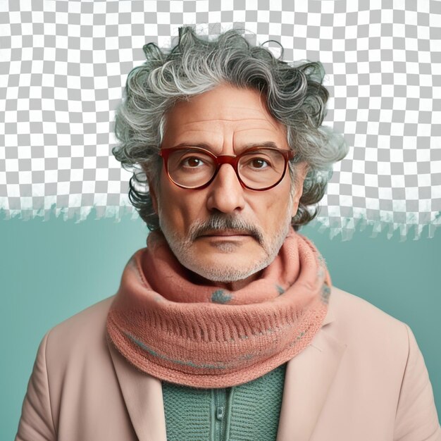 PSD a angry senior man with wavy hair from the west asian ethnicity dressed in knitting scarves attire poses in a focused gaze with glasses style against a pastel teal background