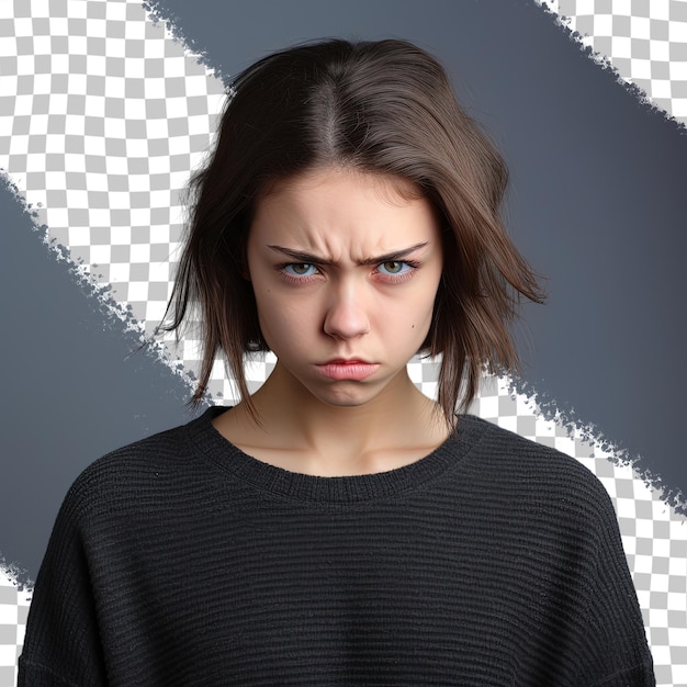 An angry teenage girl with a trendy transparent background showing her emotions and facial expression