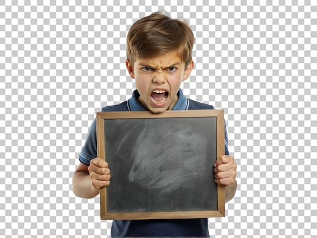 PSD angry teenager holding board blackboard portrait on transparent background
