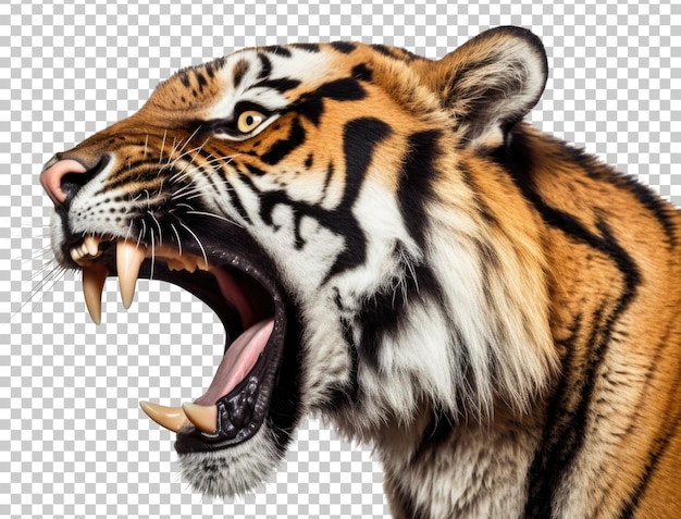 PSD angry tiger side view face shot isolated on transparent background