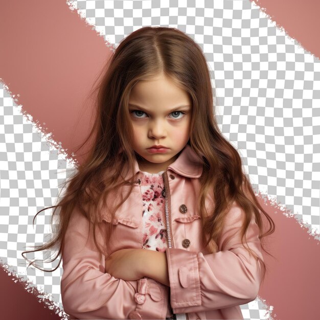 PSD a angry toddle girl with long hair from the scandinavian ethnicity dressed in actor attire poses in a sideways glance style against a pastel rose background