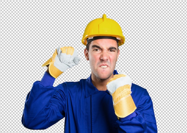 Angry worker on white background