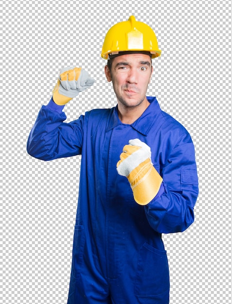 PSD angry workman on white background