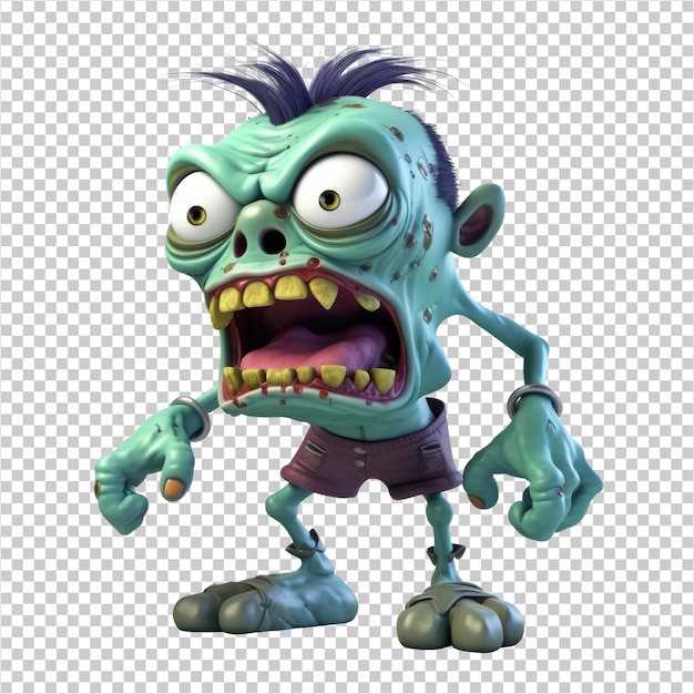 Angry Zombie 3D Cartoon Style Isolated on Transparent Background