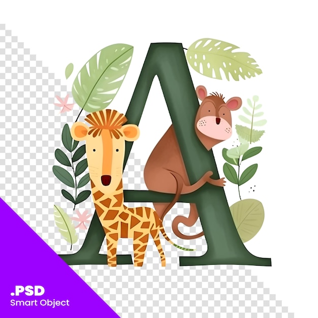 Животный алфавит а с обезьяной и жирафом. алфавит для детей. векторная иллюстрация. psd шаблон
