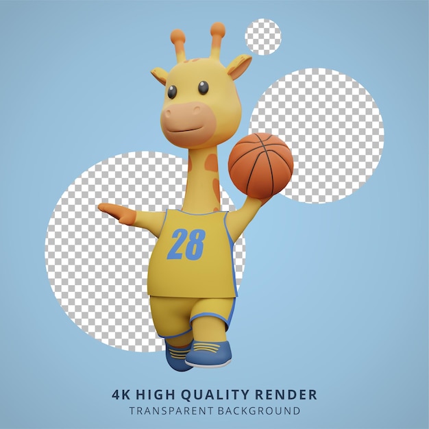バスケットボールをする動物のキリン3dかわいいキャラクターイラスト