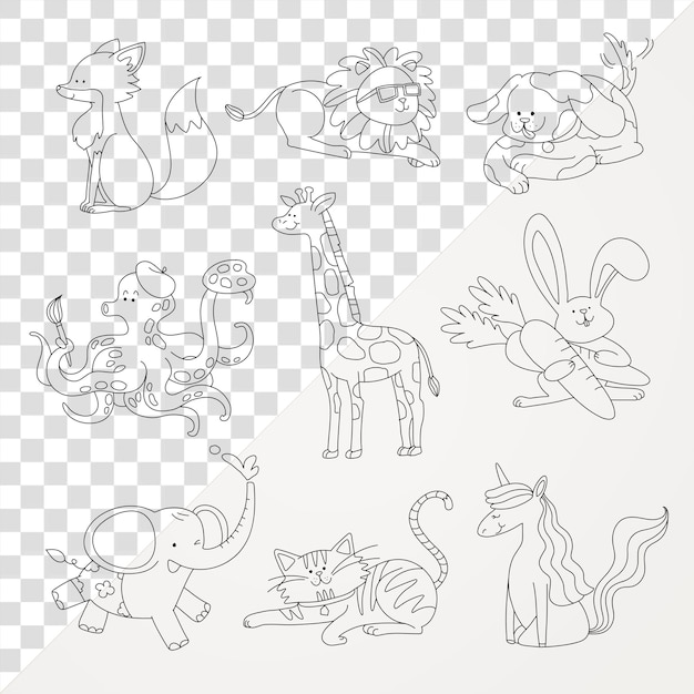 Animal png sticker kids coloring set printable transparant ontwerp voor kinderen39s kunstproject