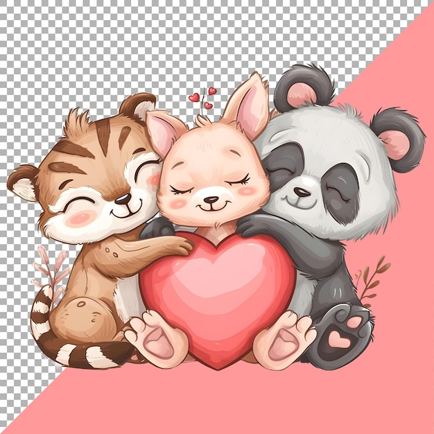 PSD animals hug love heart shape cartoon sticker style on transparent background ai generated
