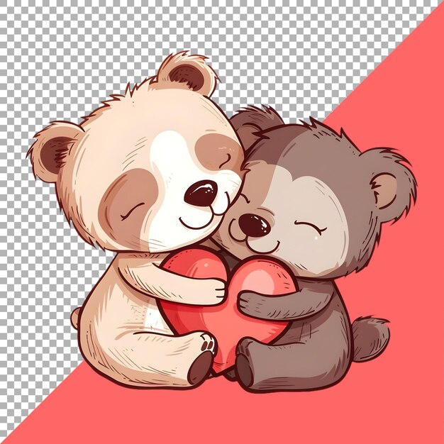 Animals hug love heart shape cartoon sticker style on transparent background ai generated