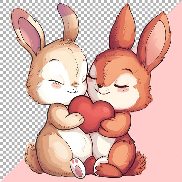 PSD animals hug love heart shape cartoon sticker style on transparent background ai generated