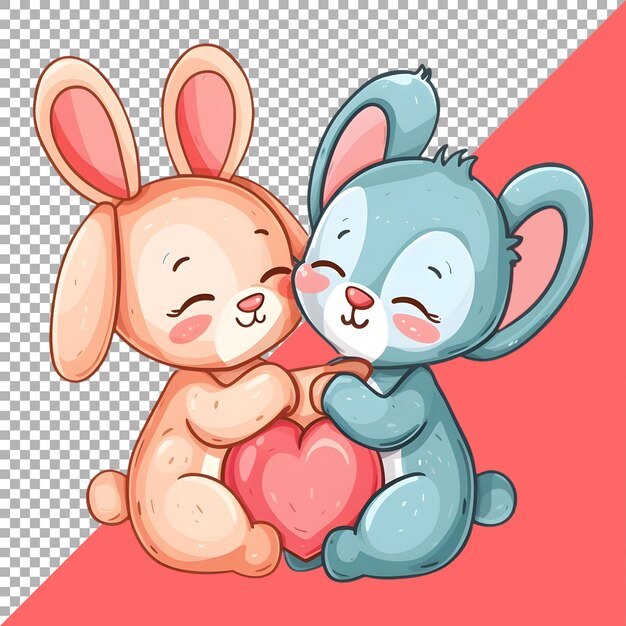 PSD animals hug love heart shape cartoon sticker style on transparent background ai generated