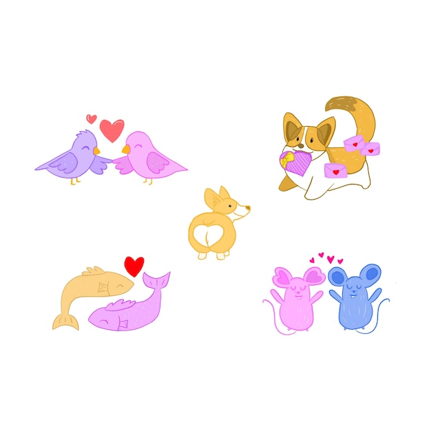 PSD animals lovers with dogs and fishes and mouses and birds all on pink and blue with hearts