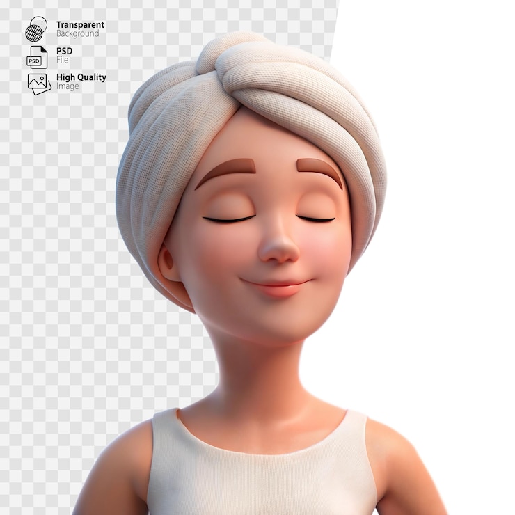 PSD 머리에  수건을 감은 3d 애니메이션 여성이 투명한 배경에 눈을 감고 휴식을 취하고 있습니다.