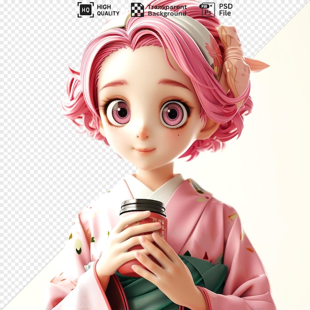 Animated girl in soft pink kimono clasping a coffee cup with a gentle and welcoming expression