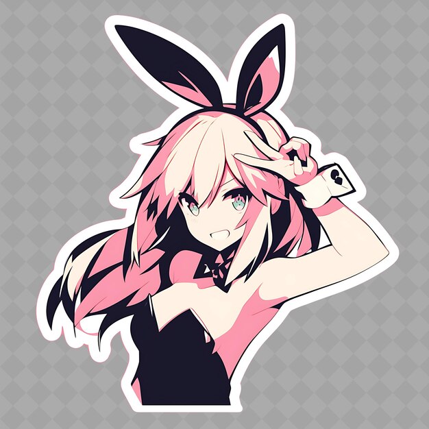PSD anime dziewczyna z różowymi uszami królika i różowymi włosami z naklejką na nim