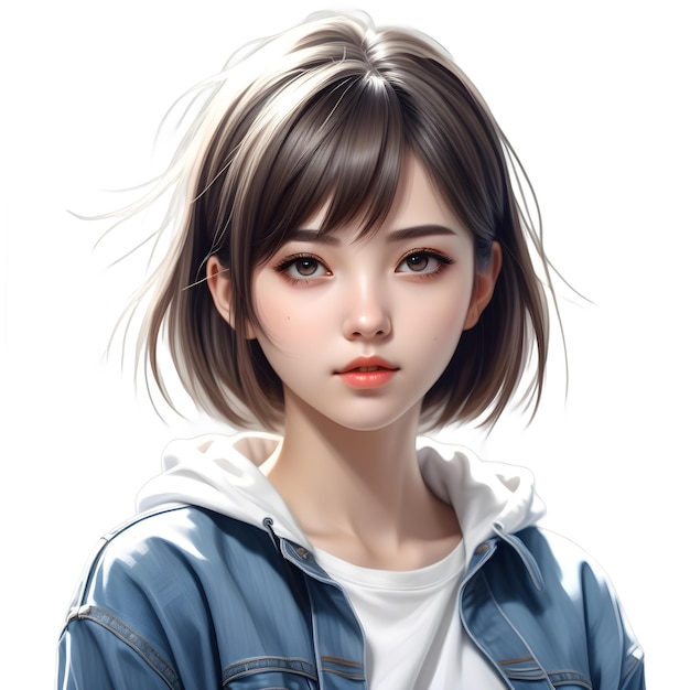 PSD anime girl short hair wearing kawaii shirt and jeans casual clothing style hyper realistic