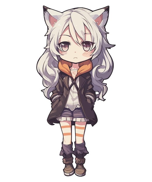 PSD anime girl with a black jacket and white fur on her ears