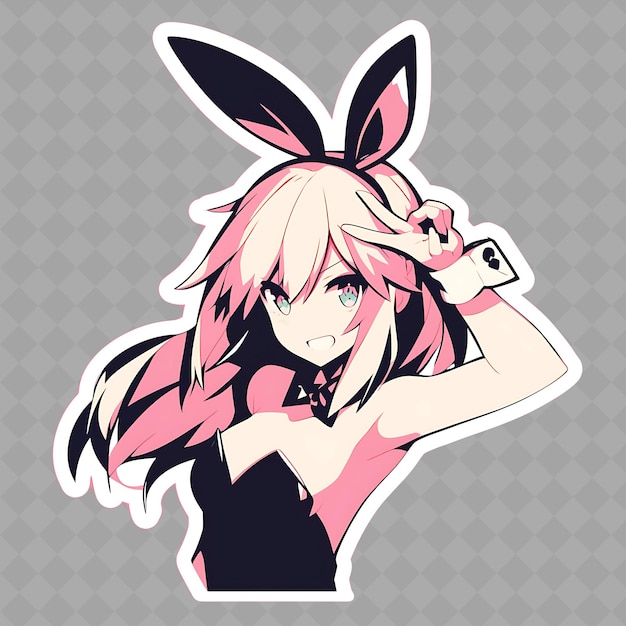 PSD anime girl with pink bunny ears and pink hair with a sticker on it