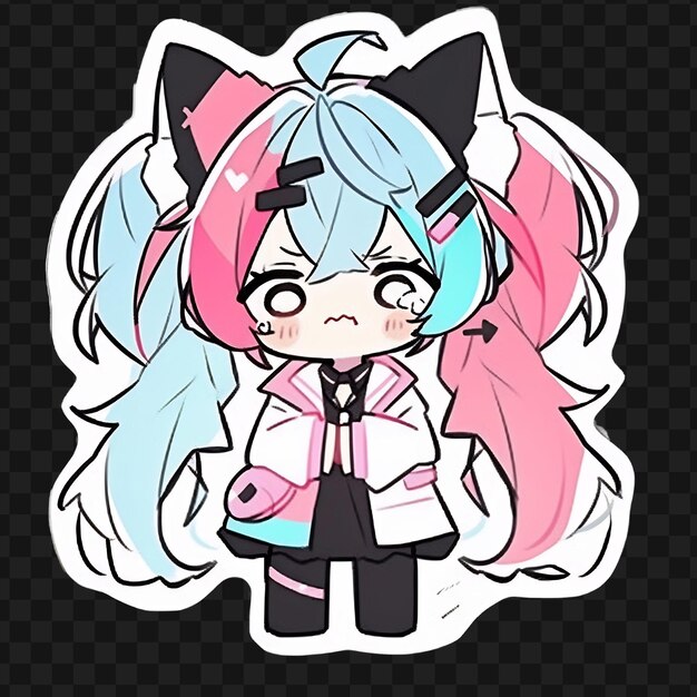 PSD a anime girl with a pink hair and a white coat with a blue ribbon on it