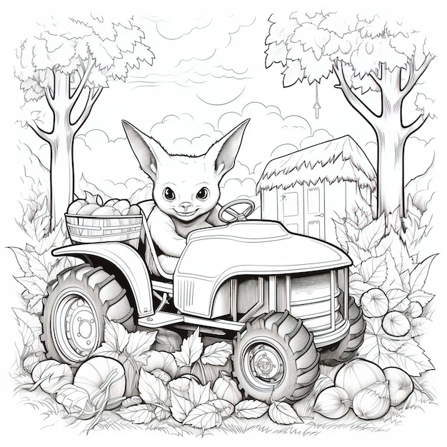 PSD animowany rysunek przedstawiający królika na traktorze z koszem owoców.