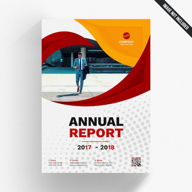 PSD annual report template with red and yellow wavy shapes