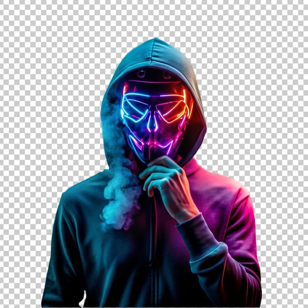 PSD anonymous man hiding his face behind neon mask