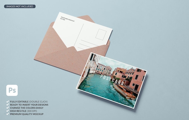 Ansichtkaart mockup dubbelzijdig sjabloon met een envelop op een gekleurde achtergrond