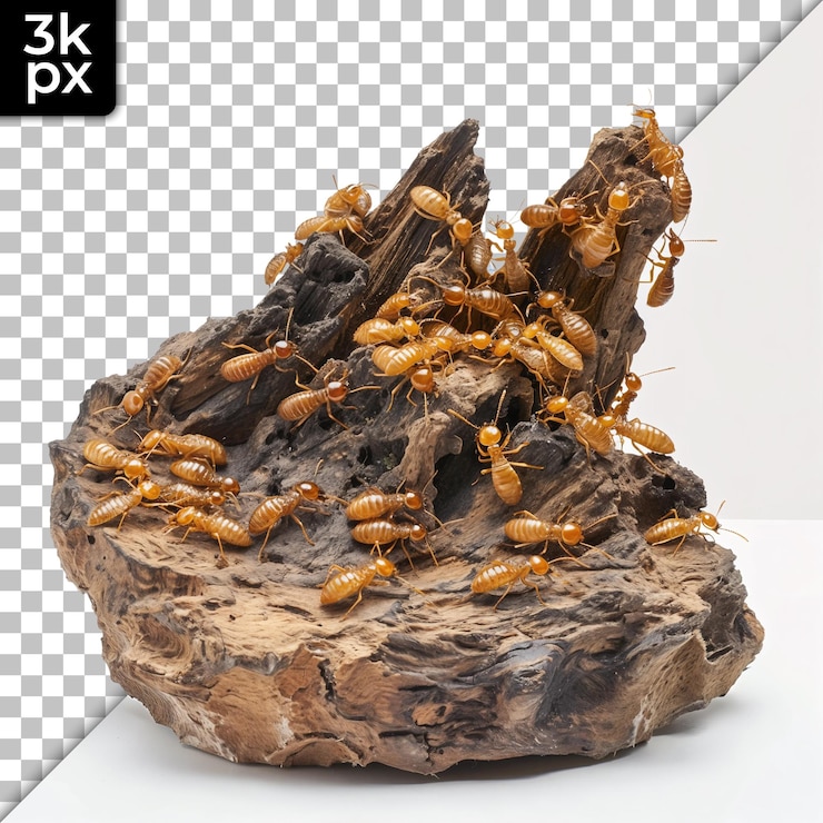 PSD ant colony on wood with transparent background