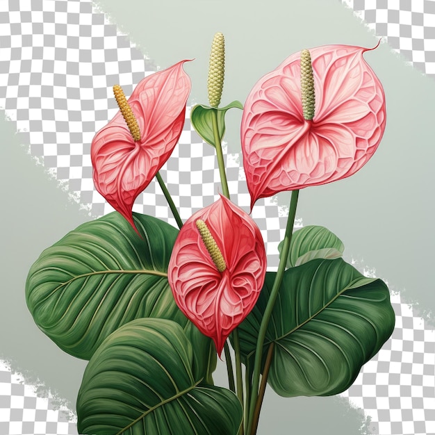 Gli anthurium hanno fiori rossi e foglie verdi su sfondo trasparente