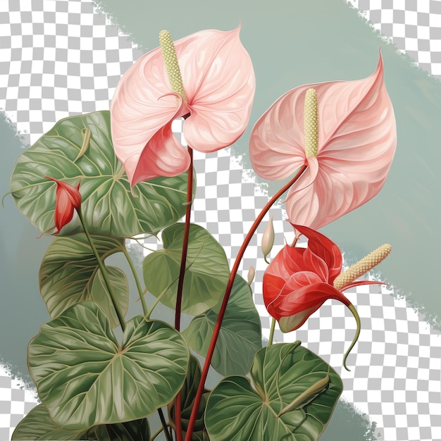 Anthuriums hebben rode bloemen en groene bladeren met een transparante achtergrond