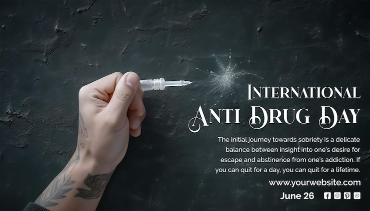 PSD anti-drug dag concept hand die een drug neemt op een lichtzwarte achtergrond