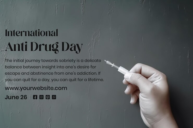 PSD anti-drug dag concept hand die een drug neemt op een lichtzwarte achtergrond