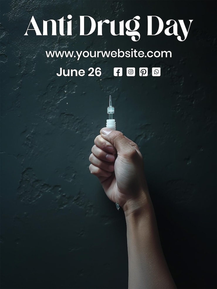 PSD anti drug day concept hand holding a drug taking thing on light black background