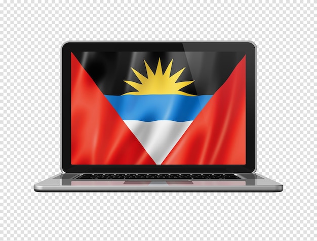 Antigua and Barbuda flag on laptop screen isolated on white 3D illustration