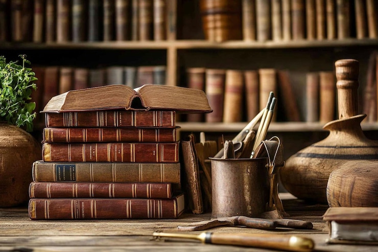 PSD antique books writing tools and pottery on a wooden desk in a library