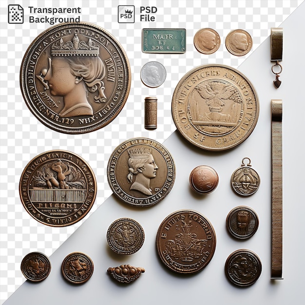 PSD 白い壁に展示された古代硬貨コレクションセット色々な茶色の金と銀の硬貨と金の女性が描かれています