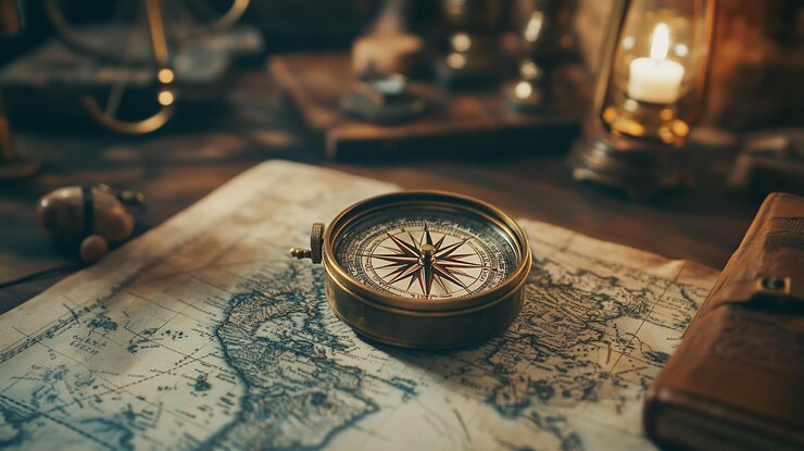 PSD antique compass on vintage map surrounded by nautical objects and a lantern