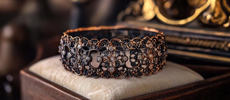 PSD antique diamond bracelet in ornate metal setting rests on velvet inside wooden box
