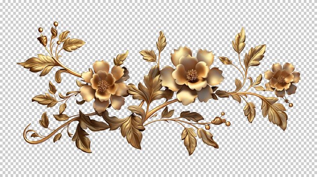 PSD antique gold flowers leaves decorative elegant luxury design isolated on transparent background