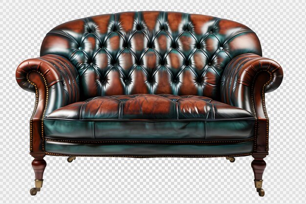 PSD Антикварный роскошный кожаный диван, изолированный на прозрачном фоне