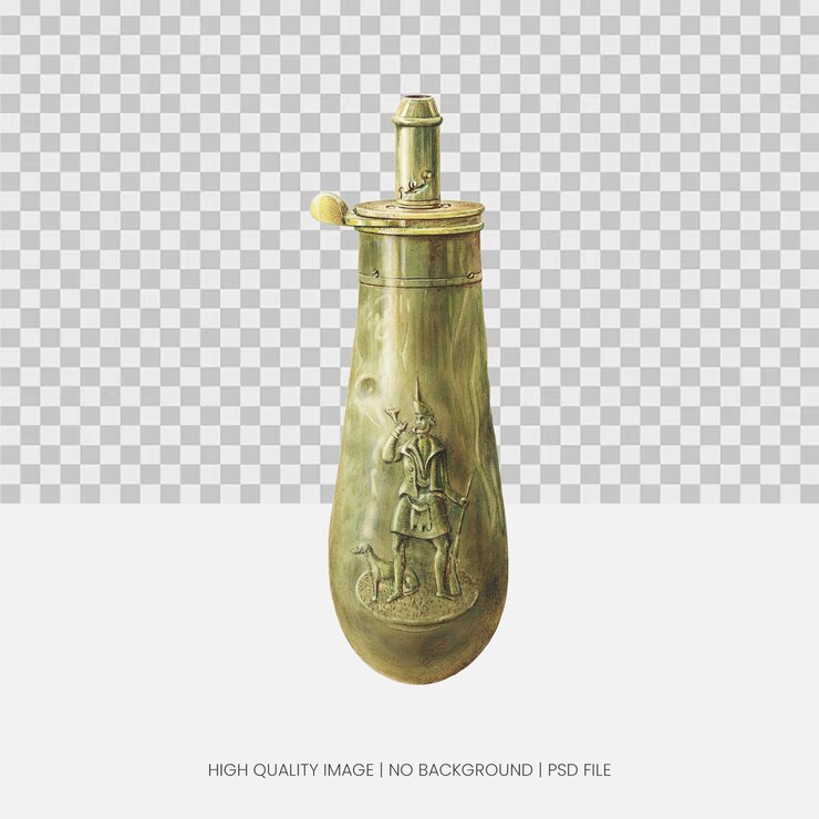 PSD antique powder flask illustration with hunter and dog