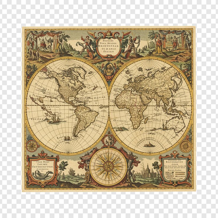 PSD antique world map on transparent background